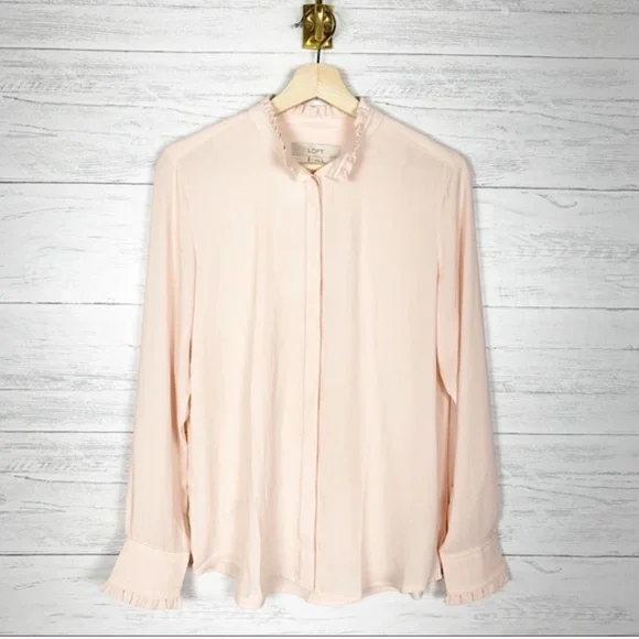 LOFT Pink Blush Ruffle Button Down Blouse - Picture 1 of 4